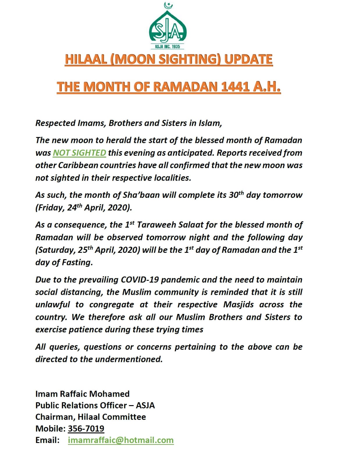 Ramadan 1441AH (2020) Moon Sighting Update