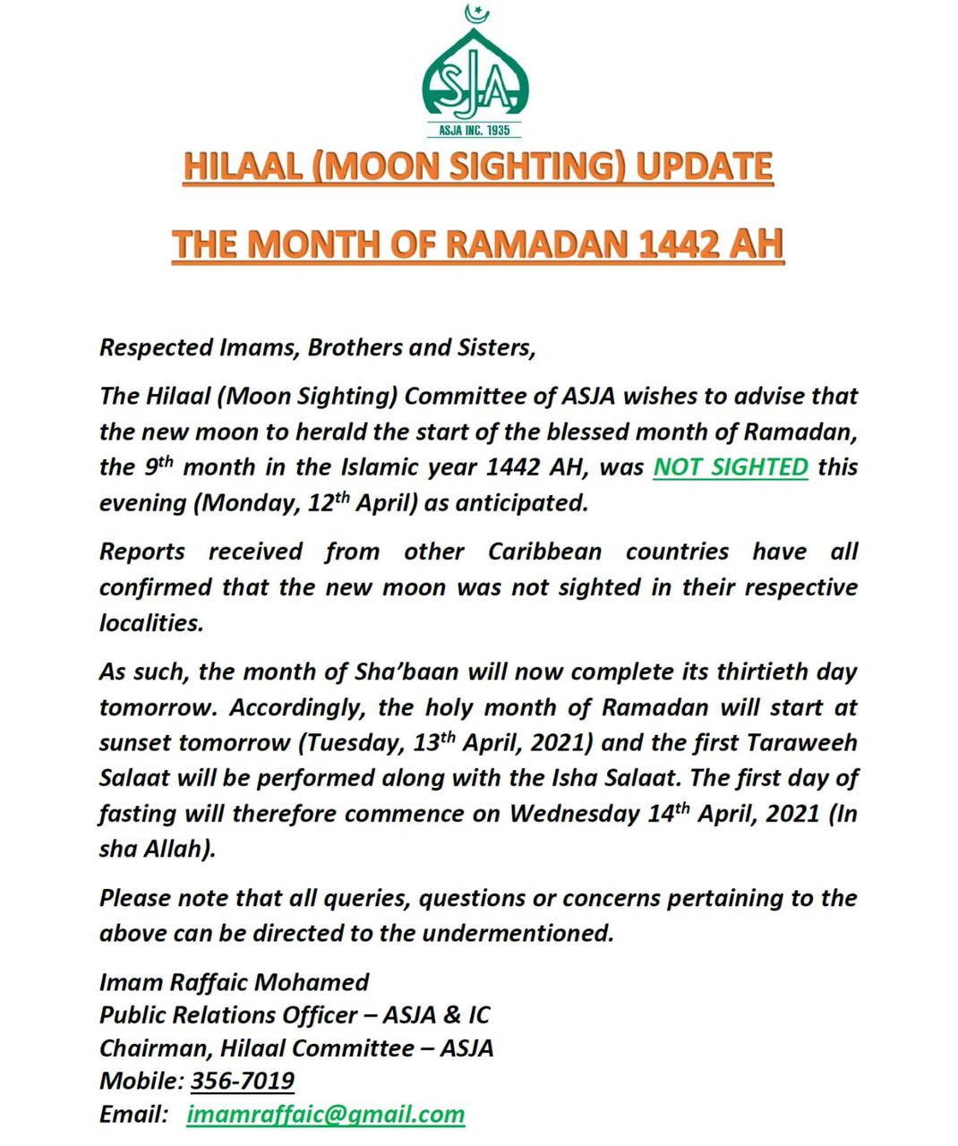 Ramadan 1442AH (2021) Moon Sighting Update